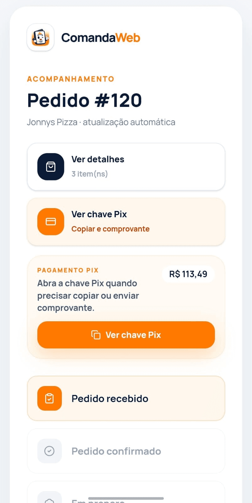 Tela mobile de acompanhamento de pedido