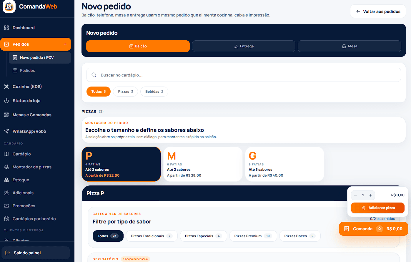 Tela de novo pedido e PDV do ComandaWeb